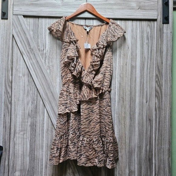 WALTER BAKER Shelly Wrap-Effect Ruffled Tiger-print Crepon Mini Dress - Picture 4 of 14